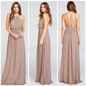 Show Me Your Mumu Amanda Maxi Dress Dune Chiffon Halter Open Back Beige Size L